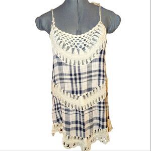 Entro blue and white checkered dress with crochet details‎ size medium